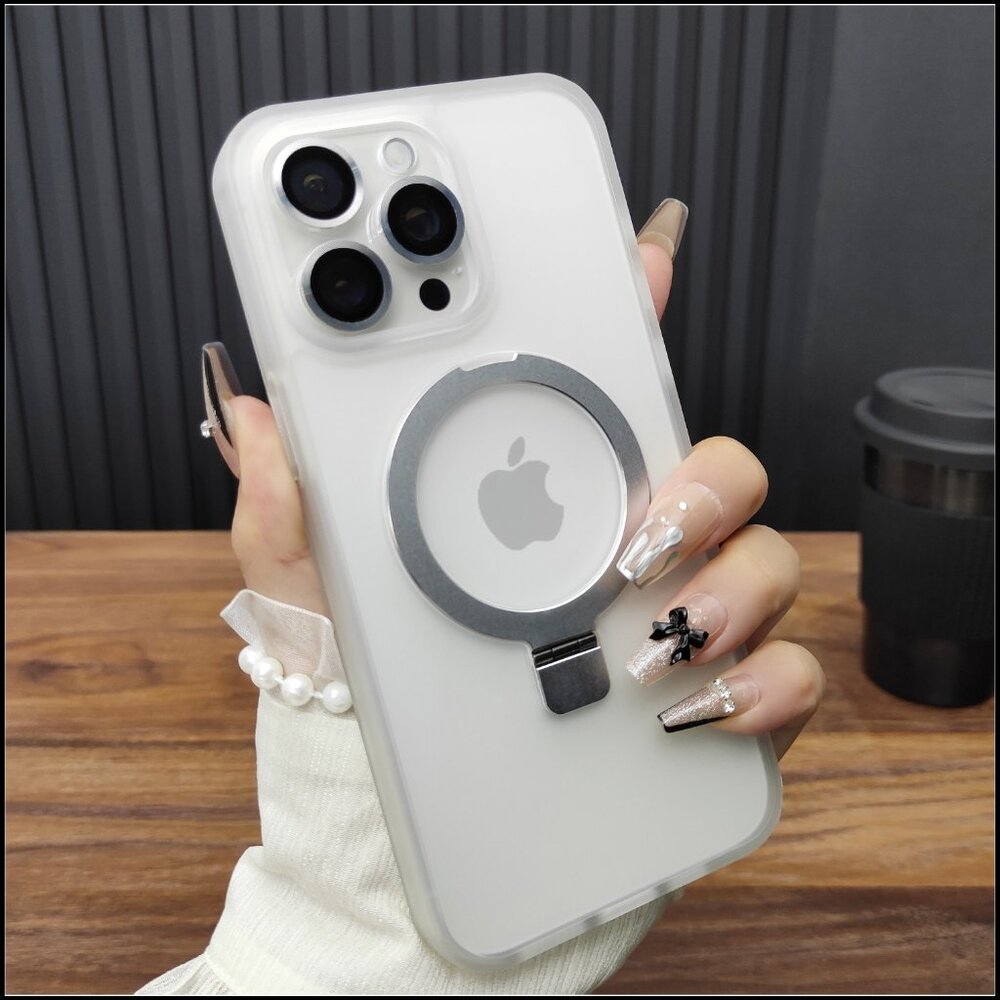 Frosted White MagSafe Case with Metal Ring Kickstand